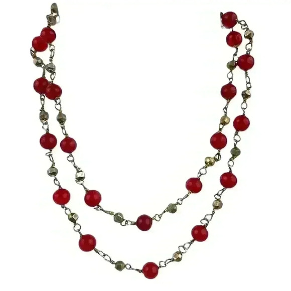 Dark Red Glass Round Bead Bronze Metal Necklace 22" Jewelry - Picture 1 of 10